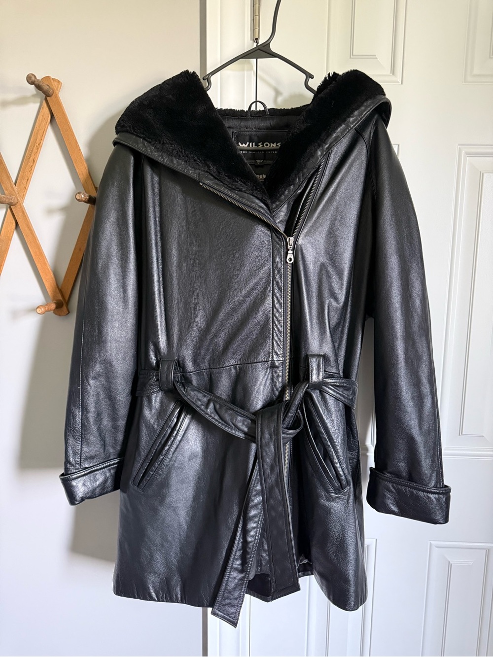 Wilson Black Leather Hooded Belted Jacket